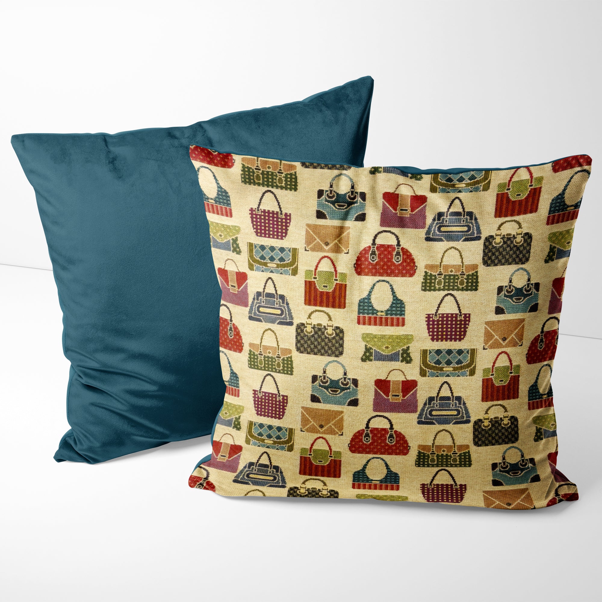 HANDBAGS TAPESTRY CUSHION COVER - TURQUOISE REVERSE