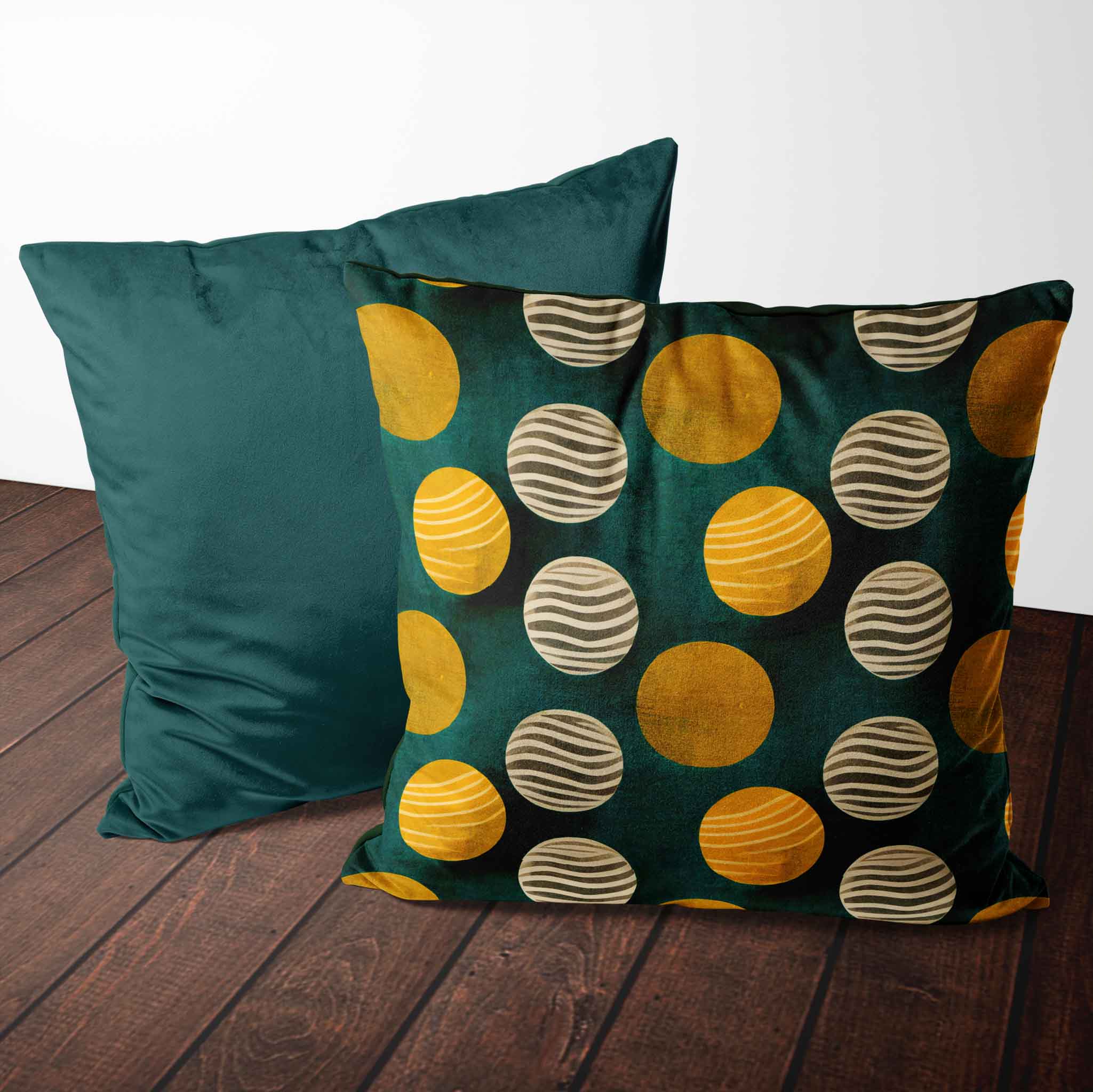 GOLD GEOMETRY VELVET CUSHION 500 X 500 GOLD AND TEAL CIRCLES