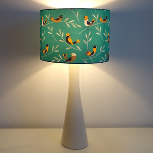 LITTLE BIRDS TEAL/ORANGE MIDCENTURY DRUM LAMPSHADE