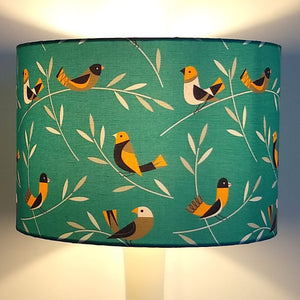 LITTLE BIRDS TEAL/ORANGE MIDCENTURY DRUM LAMPSHADE