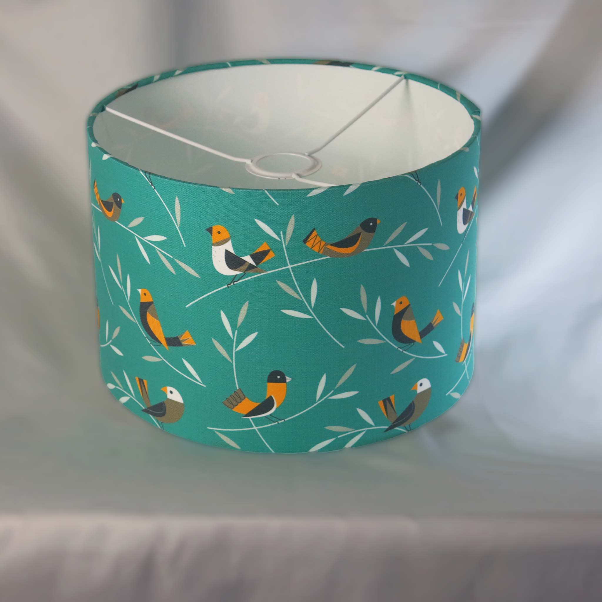 LITTLE BIRDS TEAL/ORANGE MIDCENTURY DRUM LAMPSHADE